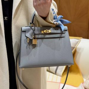 Hermes Kelly 25 Bag Handmade In Epsom Calfskin Leather Gold Hardware J7 Blue Lin - Image 3