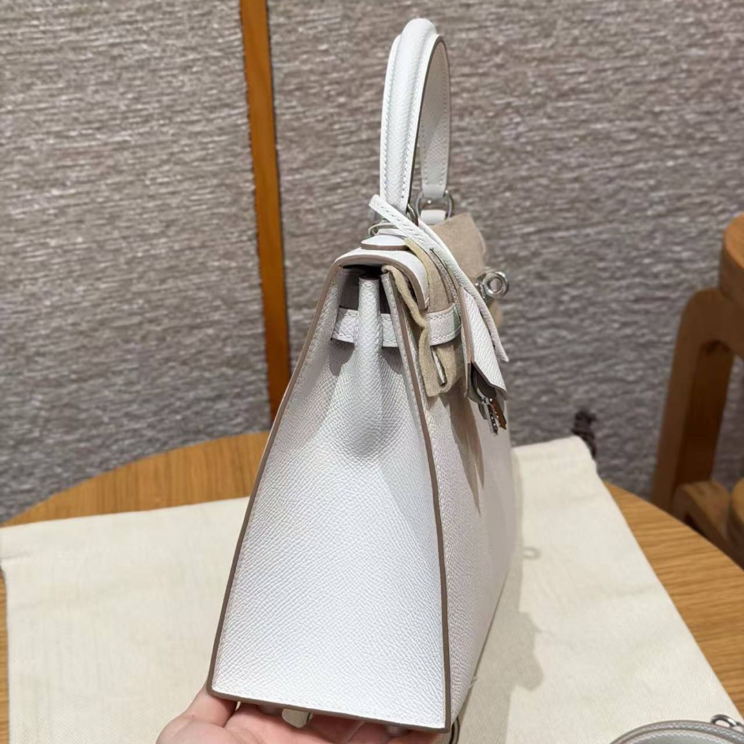 Hermes Kelly 25 Bag Handmade In Epsom Calfskin Leather Silver Hardware M4 Gris Pale - Image 18