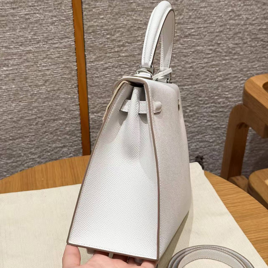 Hermes Kelly 25 Bag Handmade In Epsom Calfskin Leather Silver Hardware M4 Gris Pale - Image 17