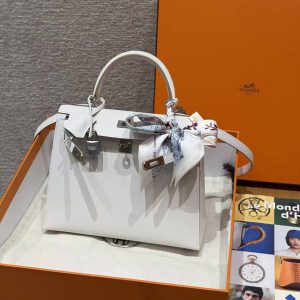 Hermes Kelly 25 Bag Handmade In Epsom Calfskin Leather Silver Hardware M4 Gris Pale - Image 11
