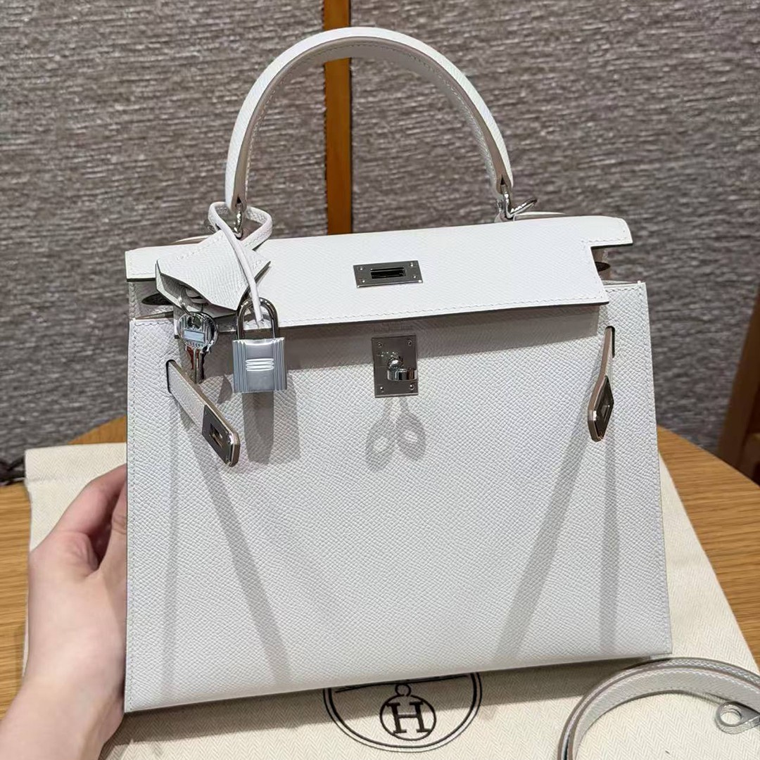 Hermes Kelly 25 Bag Handmade In Epsom Calfskin Leather Silver Hardware M4 Gris Pale - Image 10