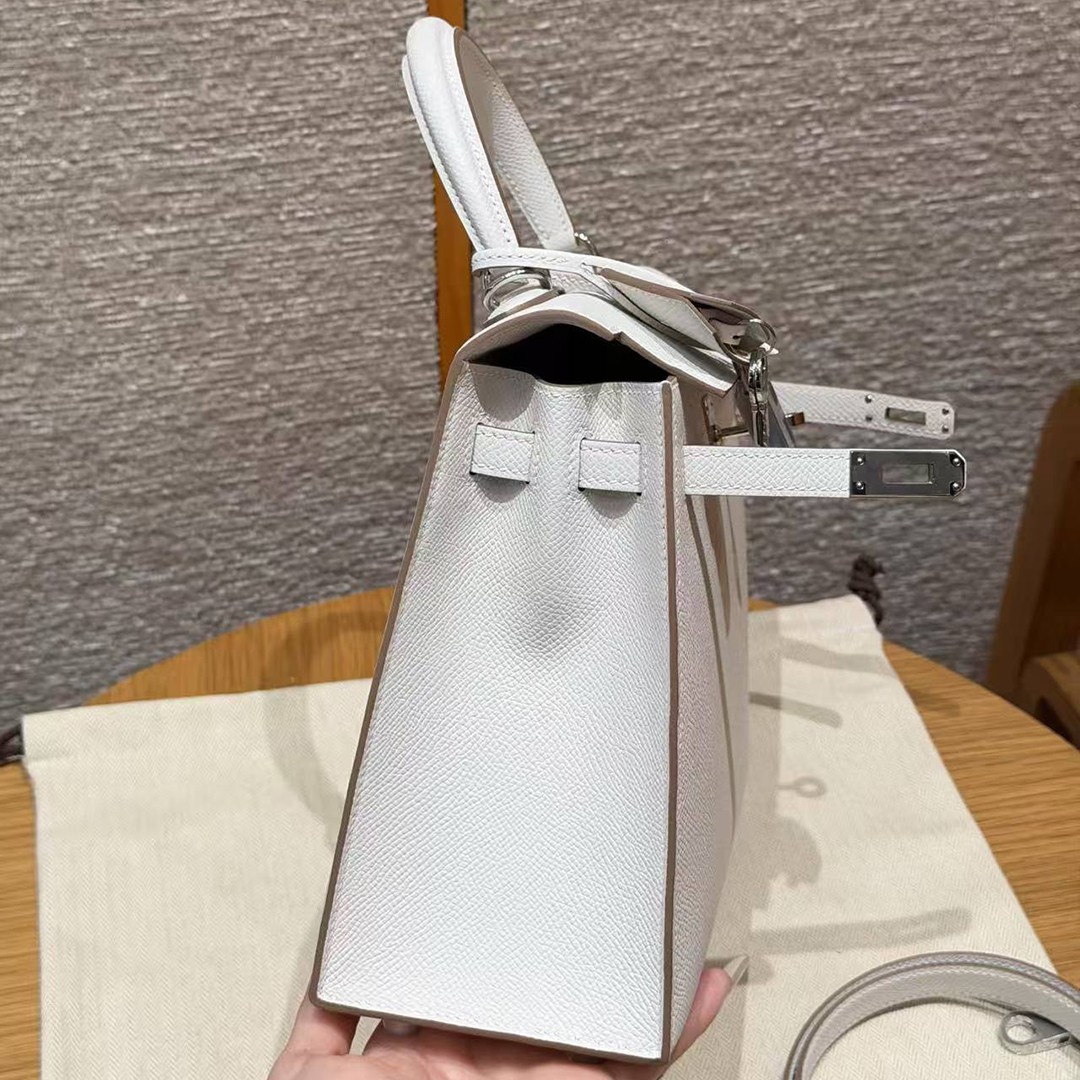 Hermes Kelly 25 Bag Handmade In Epsom Calfskin Leather Silver Hardware M4 Gris Pale - Image 9