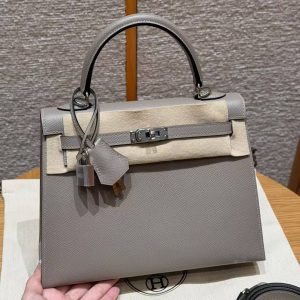Hermes Kelly 25 Bag Handmade In Epsom Calfskin Leather Silver Hardware M8 Gris Asphalted