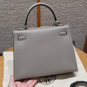 Hermes Kelly 25 Bag Handmade In Epsom Calfskin Leather Silver Hardware M8 Gris Asphalted - Image 2