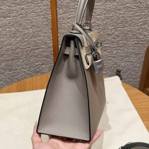 Hermes Kelly 25 Bag Handmade In Epsom Calfskin Leather Silver Hardware M8 Gris Asphalted - Image 17