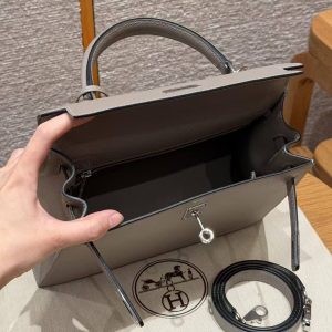 Hermes Kelly 25 Bag Handmade In Epsom Calfskin Leather Silver Hardware M8 Gris Asphalted - Image 15