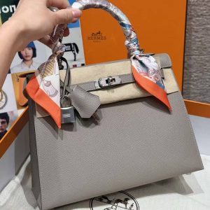 Hermes Kelly 25 Bag Handmade In Epsom Calfskin Leather Silver Hardware M8 Gris Asphalted - Image 11