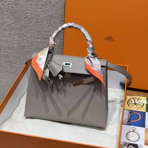 Hermes Kelly 25 Bag Handmade In Epsom Calfskin Leather Silver Hardware M8 Gris Asphalted - Image 10