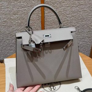 Hermes Kelly 25 Bag Handmade In Epsom Calfskin Leather Silver Hardware M8 Gris Asphalted - Image 9