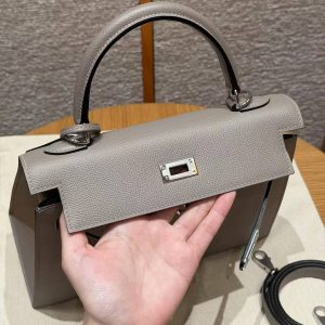 Hermes Kelly 25 Bag Handmade In Epsom Calfskin Leather Silver Hardware M8 Gris Asphalted - Image 7