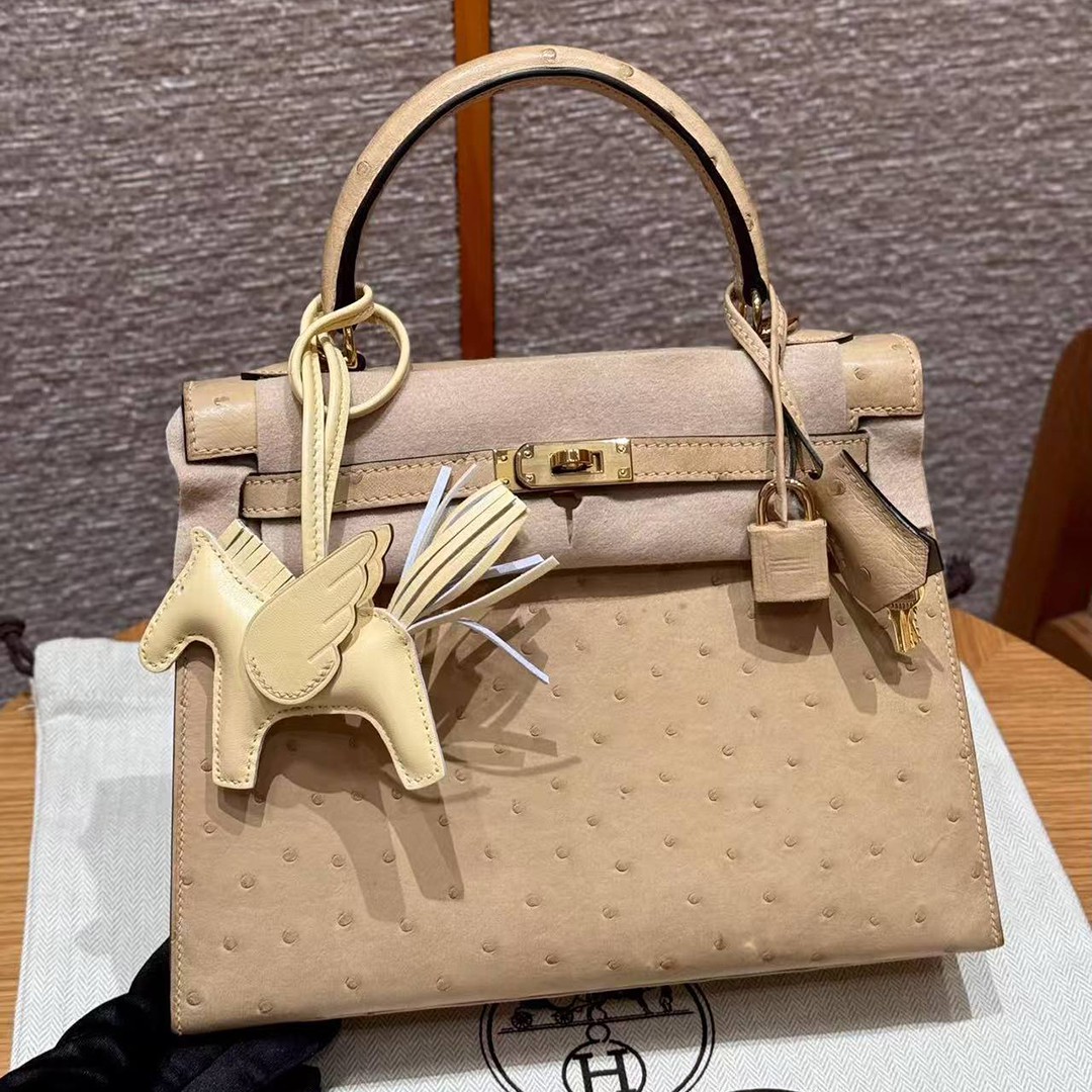 Hermes Kelly 25 Bag Handmade In KK Ostrich Leather From South Africa Gold Hardware OM Chai