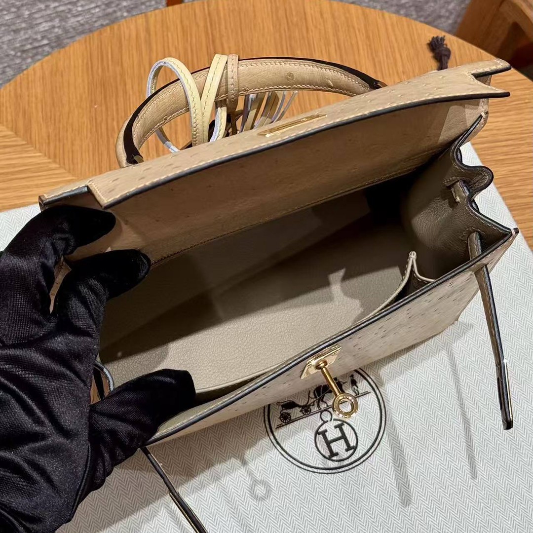 Hermes Kelly 25 Bag Handmade In KK Ostrich Leather From South Africa Gold Hardware OM Chai - Image 13