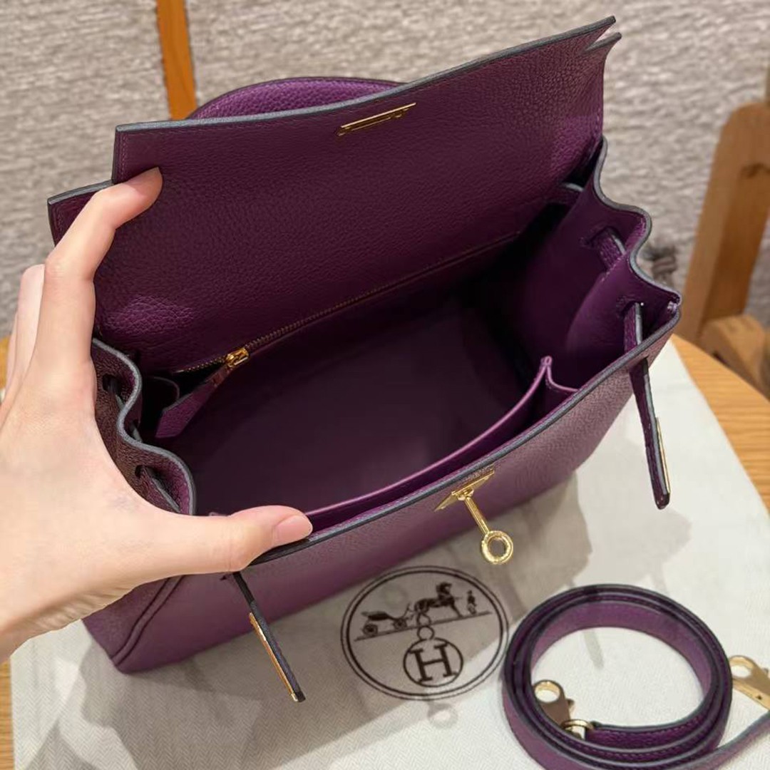 Hermes Kelly 25 Bag Handmade In Togo Calfskin Leather Gold Hardware P9 Anemone - Image 11