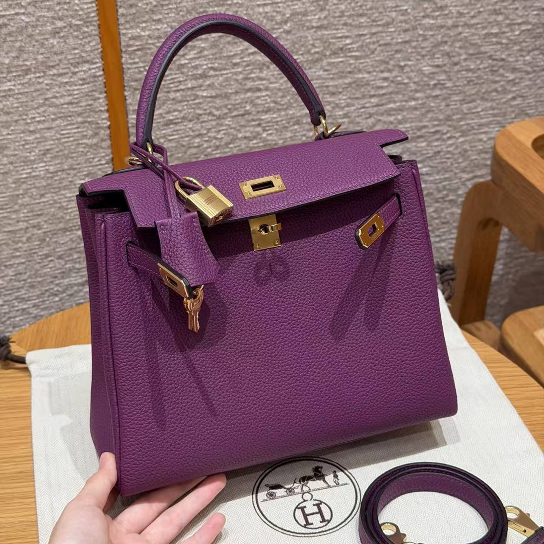 Hermes Kelly 25 Bag Handmade In Togo Calfskin Leather Gold Hardware P9 Anemone - Image 3