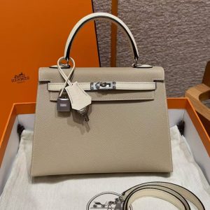 Hermes Kelly 25 Bag Handmade In Epsom Calfskin Leather Silver Hardware S2 Trench i2 Nata