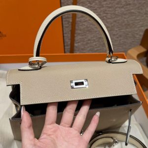 Hermes Kelly 25 Bag Handmade In Epsom Calfskin Leather Silver Hardware S2 Trench i2 Nata - Image 12