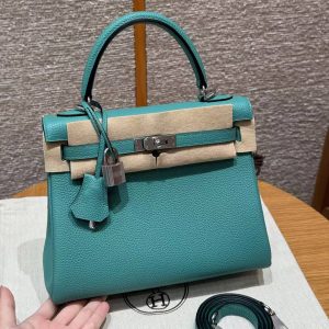 Hermes Kelly 25 Bag Handmade In Togo Calfskin Leather Silver Hardware U1 Vert Verone