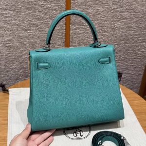 Hermes Kelly 25 Bag Handmade In Togo Calfskin Leather Silver Hardware U1 Vert Verone - Image 2