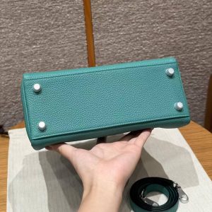 Hermes Kelly 25 Bag Handmade In Togo Calfskin Leather Silver Hardware U1 Vert Verone - Image 17