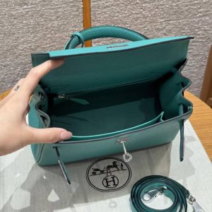 Hermes Kelly 25 Bag Handmade In Togo Calfskin Leather Silver Hardware U1 Vert Verone - Image 16