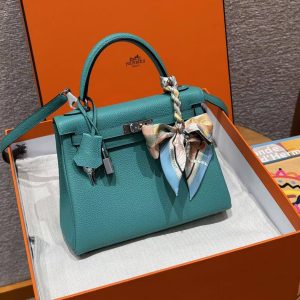 Hermes Kelly 25 Bag Handmade In Togo Calfskin Leather Silver Hardware U1 Vert Verone - Image 11