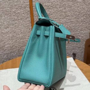 Hermes Kelly 25 Bag Handmade In Togo Calfskin Leather Silver Hardware U1 Vert Verone - Image 4