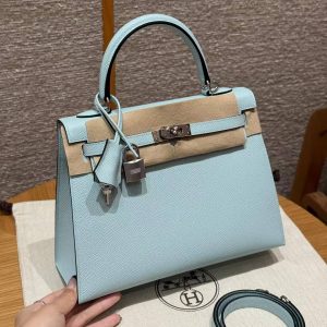 Hermes Kelly 25 Bag Handmade In Epsom Calfskin Leather Silver Hardware U2 Blue Zephyr