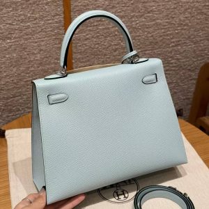 Hermes Kelly 25 Bag Handmade In Epsom Calfskin Leather Silver Hardware U2 Blue Zephyr - Image 2