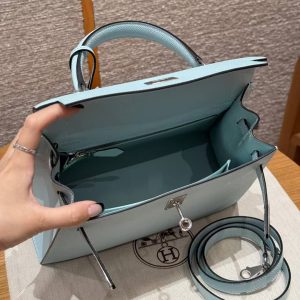 Hermes Kelly 25 Bag Handmade In Epsom Calfskin Leather Silver Hardware U2 Blue Zephyr - Image 21