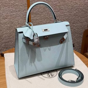 Hermes Kelly 25 Bag Handmade In Epsom Calfskin Leather Silver Hardware U2 Blue Zephyr - Image 16