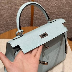 Hermes Kelly 25 Bag Handmade In Epsom Calfskin Leather Silver Hardware U2 Blue Zephyr - Image 13