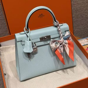 Hermes Kelly 25 Bag Handmade In Epsom Calfskin Leather Silver Hardware U2 Blue Zephyr - Image 7