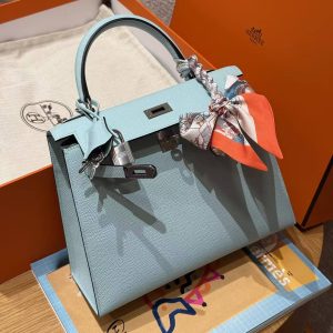 Hermes Kelly 25 Bag Handmade In Epsom Calfskin Leather Silver Hardware U2 Blue Zephyr - Image 6