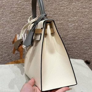 Hermes Kelly 25 Bag Handmade In Epsom Calfskin Leather Silver Hardware ck10 Craie 0M Chai 0L Gris Mayer - Image 16