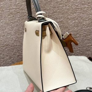 Hermes Kelly 25 Bag Handmade In Epsom Calfskin Leather Silver Hardware ck10 Craie 0M Chai 0L Gris Mayer - Image 15