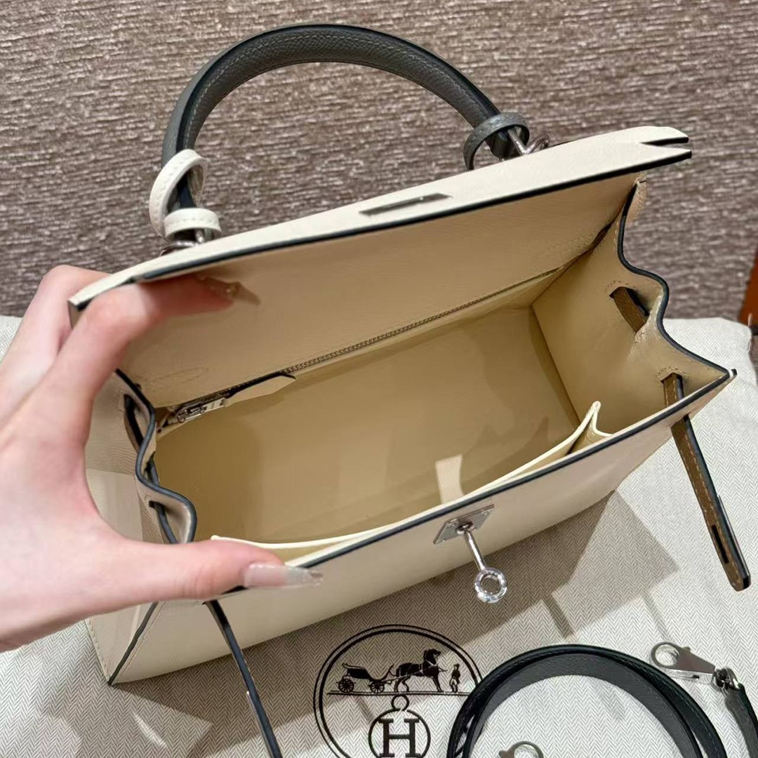 Hermes Kelly 25 Bag Handmade In Epsom Calfskin Leather Silver Hardware ck10 Craie 0M Chai 0L Gris Mayer - Image 9