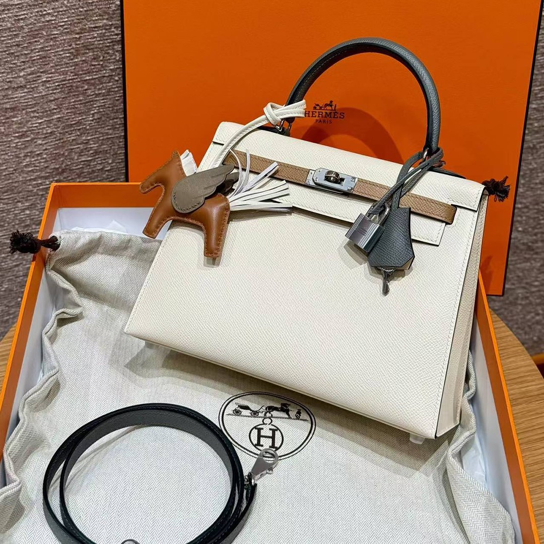 Hermes Kelly 25 Bag Handmade In Epsom Calfskin Leather Silver Hardware ck10 Craie 0M Chai 0L Gris Mayer - Image 5