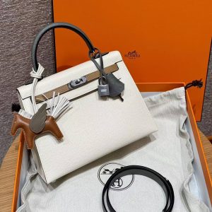 Hermes Kelly 25 Bag Handmade In Epsom Calfskin Leather Silver Hardware ck10 Craie 0M Chai 0L Gris Mayer - Image 3