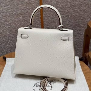 Hermes Kelly 25 Bag Handmade In Epsom Calfskin Leather Silver Hardware i2 Nata - Image 2