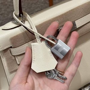 Hermes Kelly 25 Bag Handmade In Epsom Calfskin Leather Silver Hardware i2 Nata - Image 15