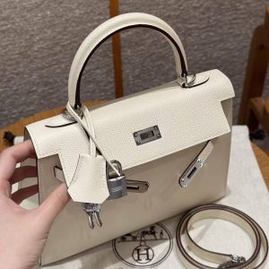 Hermes Kelly 25 Bag Handmade In Epsom Calfskin Leather Silver Hardware i2 Nata - Image 5