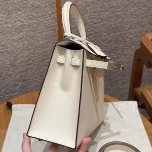 Hermes Kelly 25 Bag Handmade In Epsom Calfskin Leather Silver Hardware i2 Nata - Image 4