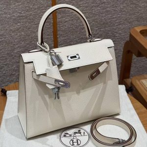 Hermes Kelly 25 Bag Handmade In Epsom Calfskin Leather Silver Hardware i2 Nata - Image 3