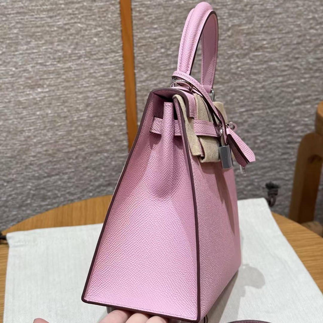 Hermes Kelly 25 Bag Handmade In Epsom Calfskin Leather From France Silver Hardware x9 Mauve Sylvestre - Image 23