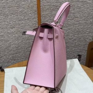 Hermes Kelly 25 Bag Handmade In Epsom Calfskin Leather From France Silver Hardware x9 Mauve Sylvestre - Image 16