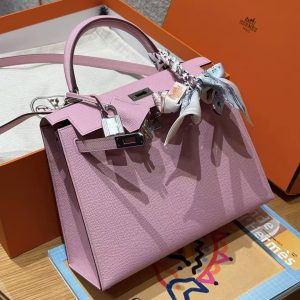 Hermes Kelly 25 Bag Handmade In Epsom Calfskin Leather From France Silver Hardware x9 Mauve Sylvestre - Image 9
