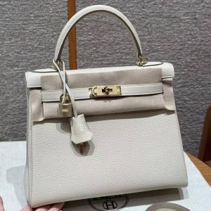 Hermes Kelly 28 Bag Handmade In Togo Calfskin Leather Gold Hardware 10 Craie
