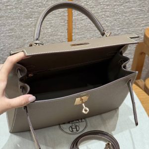 Hermes Kelly 28 Bag Handmade In Epsom Calfskin Leather Rose Gold Hardware 18 Etoupe - Image 25