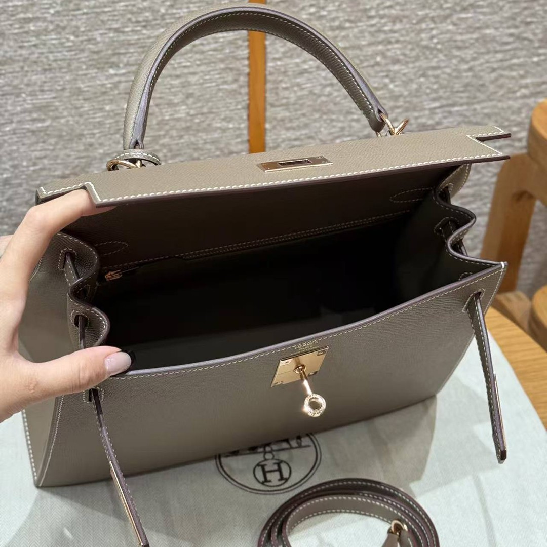 Hermes Kelly 28 Bag Handmade In Epsom Calfskin Leather Rose Gold Hardware 18 Etoupe - Image 25