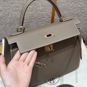 Hermes Kelly 28 Bag Handmade In Epsom Calfskin Leather Rose Gold Hardware 18 Etoupe - Image 24
